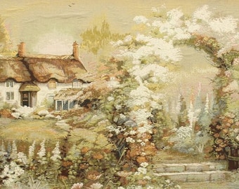 Victorian Garden Scene Tapestry Wall Hanging Pastel Cream Beige Colors Floral Arch House Victorian Art Decorative Textile 20"x40"/50x100 cm