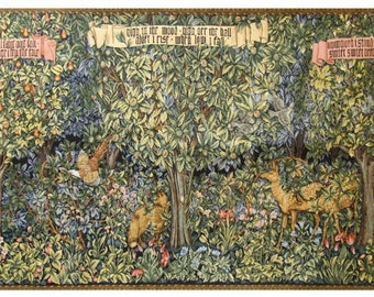 Tapiz de arte de William Morris para colgar en la pared, criaturas del bosque, animales, bosques medievales, vegetación, liebres, zorros, ciervos, perdices, noche, 147 x 320 cm