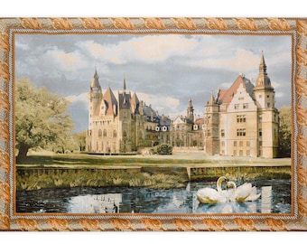 Large Textile Wallhanging Medieval Castle Wall Art Castle by the Lake Large Tapestry Wall Hanging Wallhanging City Scene Swans Lake 51 x74"
