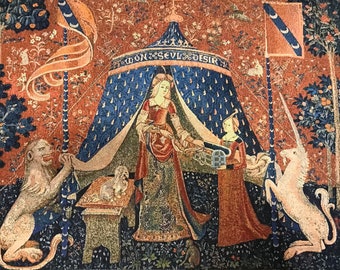 Lady and Unicorn NOT PRINT Medieval Wall Art Tapestry Wall Hanging A Mon Seul Desir Lion Red Decorative Textile Cluny Museum Art 26" x 44"