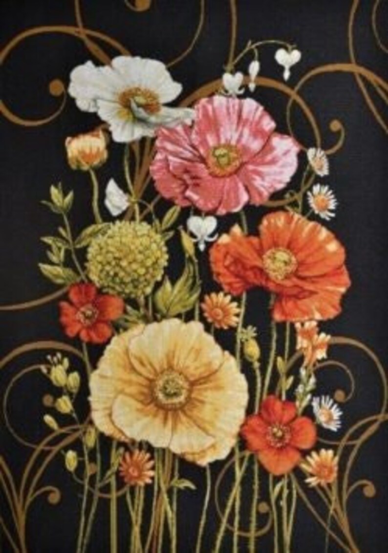 Floral Tapestry Wall Hanging Poppies Flowers on Black Dark Still Life