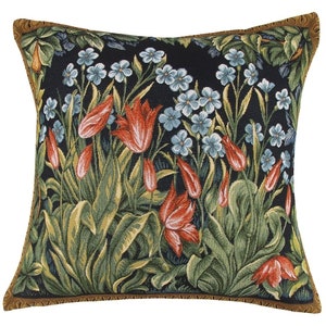 William Morris Art TAPESTRY Pillow Cushion Cover Flowers Tulips in Wood NOT PRINT Rich Greenery Medieval Forest Floral Botanic Design 18x18&quot;
