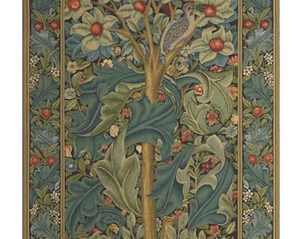 William Morris Art Woodpecker European Tapestry Wall Hanging Rich Fruit Tree Orange Tree Greenery Ornate Composition Bird Wallhanging 72x37"