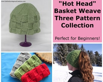 Basketweave crochet pattern winter hat ponytail beanie ear warmer headband texture beginner easy design