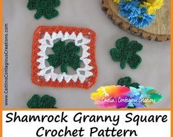 Shamrock Granny Square Crochet Pattern. Irish Flower Four 4 Leaf Clover Easy St. Patrick's Paddy's Day Crochet Design