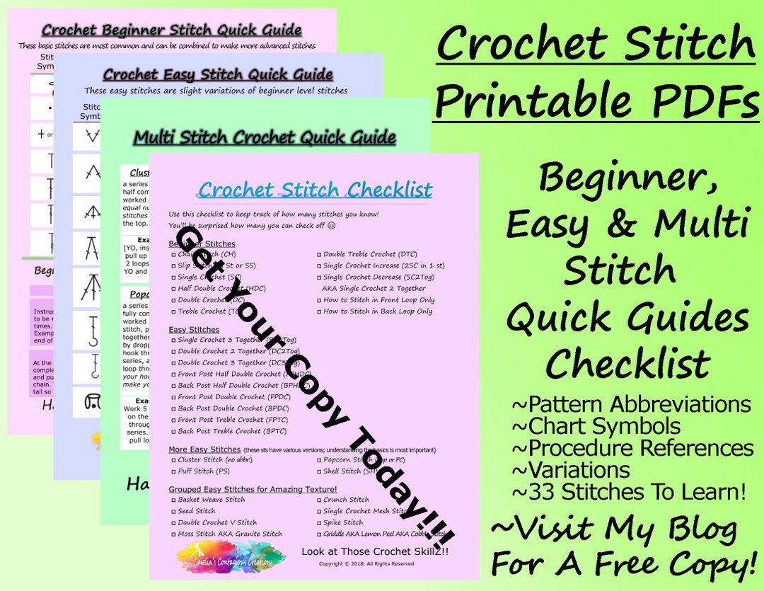 Crochet Stitch Quick Guides & Checklist  Printable PDF