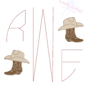 May include: Embroidered design of the word "RANCH" with a cowboy boot and hat on each letter. The design is in red and brown thread on a white background.