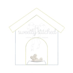 May include: A digital embroidery design of a dog house with a bow on top and a dog inside. The design is outlined in yellow and blue thread.