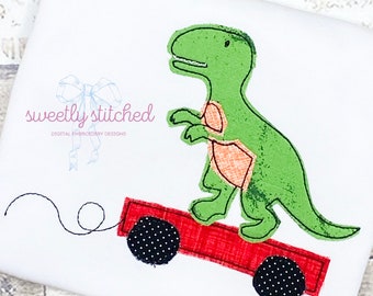 Dino in wagon applique machine embroidery design