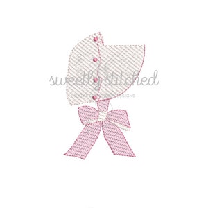 May include: Embroidered design of a pink bonnet with a bow. The bonnet has a white and pink striped pattern and is decorated with pink buttons. The text "sweetly stitched" is visible in the image.