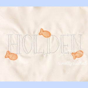 May include: Embroidered design of the name "Holden" in white thread with three orange and white gingham fish surrounding the name.