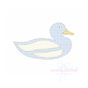 May include: A blue and yellow gingham duck applique embroidery design. The duck has a yellow beak and a yellow eye.