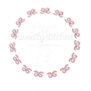 May include: A pink embroidery design of a circle of bows with the text "sweetly stitched" and "digital embroidery designs" in the center.