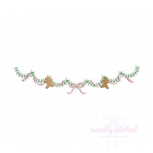 May include: A pink and green garland with gingerbread men and bows. The garland is perfect for decorating for the holidays.