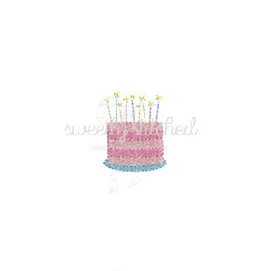 May include: A pink and blue embroidered birthday cake with striped candles topped with gold stars. The cake sits on a blue plate. The text "sweety stitched" is in the image.