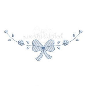 May include: A blue bow with a striped pattern is centered between two sprigs of blue flowers with green leaves.