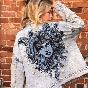 MEDUSA | Hand Painted, Pearl-Beaded/ or without pearls embroidery/ Custom Denim Jean Jacket