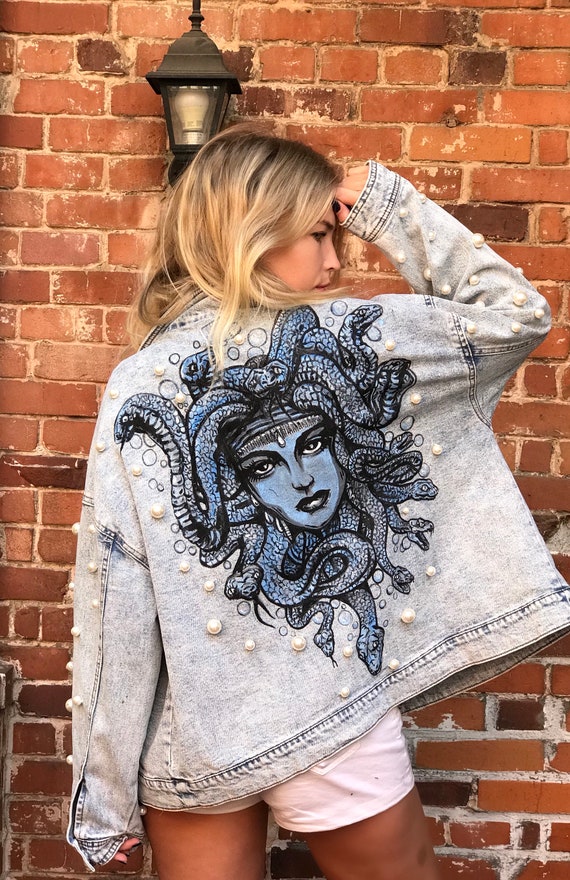 MEDUSA Hand Painted Pearl-Beaded Custom Denim Jean Jacket | Etsy