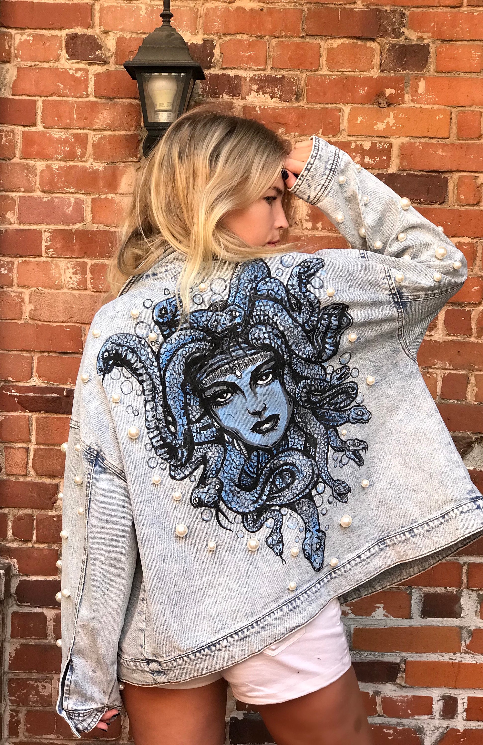 Custom Hand Painted Pearl Denim Jacket - Details and Swirls