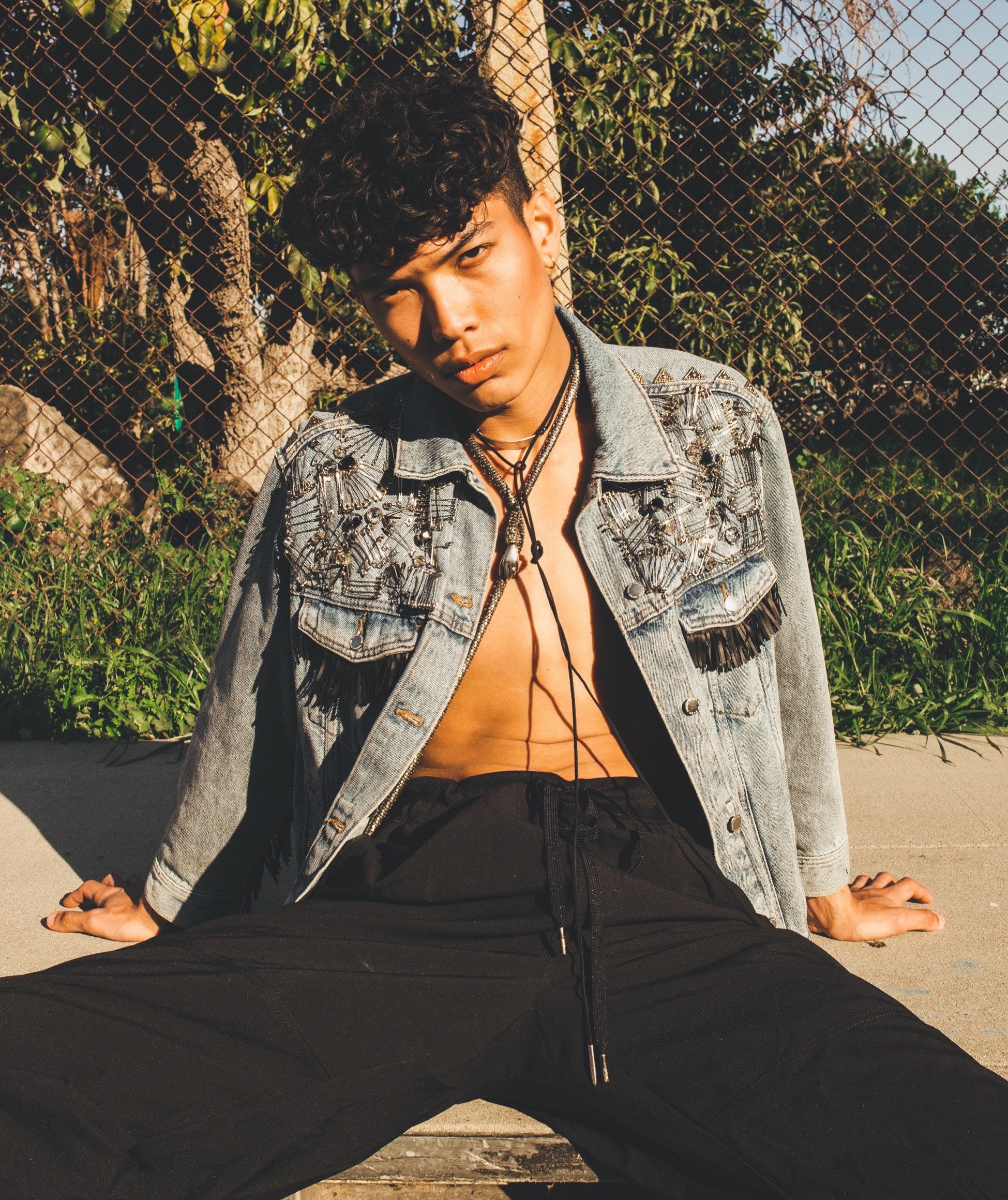 Denim jacket with pins and patches sale