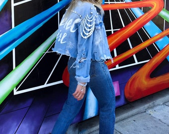 REBEL GIRL | Hand Painted, Embroidered Custom Denim Jacket With Pearl Beads