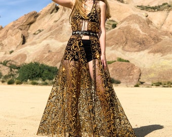 Schwarz-goldenes Festival Cape Kleid