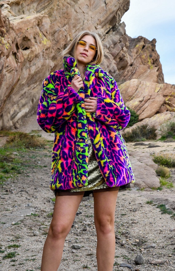 Multicolored Leopard Print Faux Fur Coat Etsy