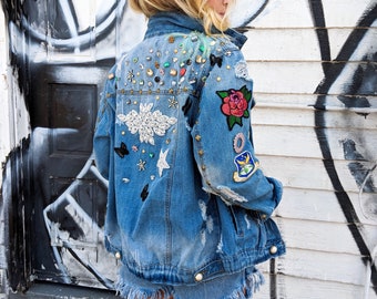 Crystals, Jewels, Glass Pearls and Feathers | Handcrafted Patched and Beaded Custom Denim Jean Jacket