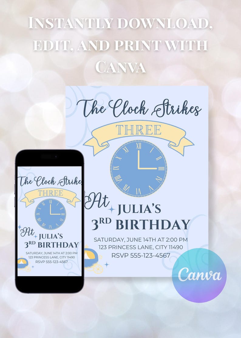 Cinderella Inspired Birthday Invitation | Editable Template | the Clock ...