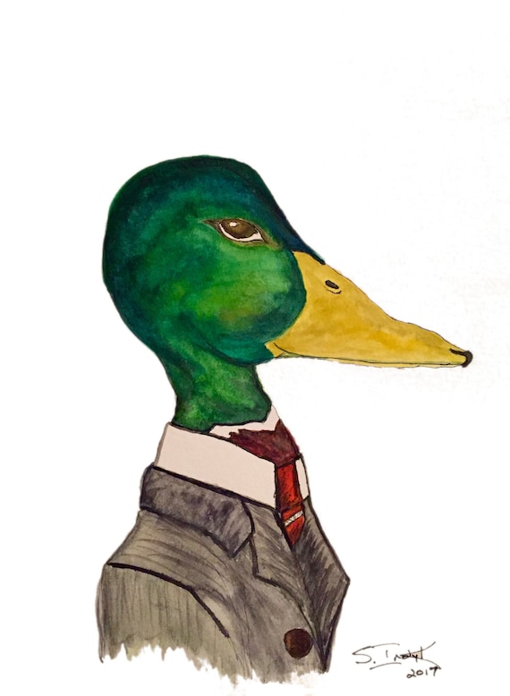Duck in a Suit Watercolor Print Green Duck Mallard Etsy