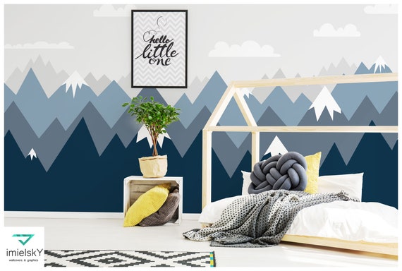 Mountain Wallpaper Decals Nursery Baby Room Navy Blue Wall Art Repositionable Woodland Wall Mural Peel Stick Kids Pattern Mountains017