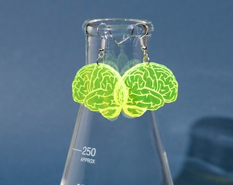 Neon Brain Earrings | Fluorescent Green | Laser Cut Acrylic | Anatomy Jewelry | Anatomical Earrings | Horror Earrings | Science Medical Art