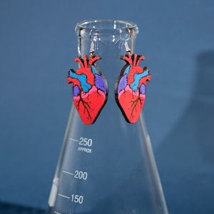 Hand Painted Heart Earrings | Laser Cut Wood Earrings | Sterling Silver Earrings | Anatomical Jewelry | Anatomy Art | Science Art