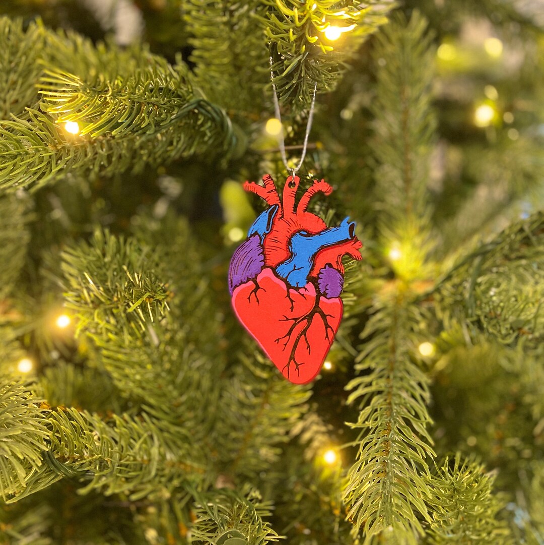 Handpainted Anatomical Heart Ornament Varnished Painted Lasercut Wood
