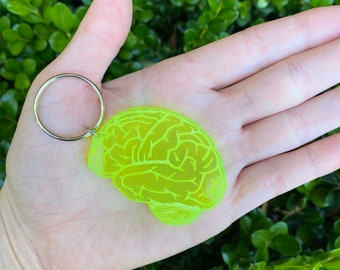 Acrylic Brain Keychain | Neon Green, Pink, or Clear | Laser-Cut Neuroscience Keychain | Anatomy Keychain | Medical Keychain