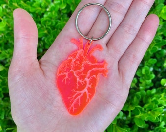 Neon Pink or Green Anatomical Heart Keychain | Acrylic Heart Keychain | Laser-Cut Medical Keychain | Anatomical Art