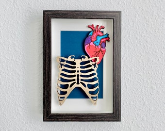 Anatomical Heart & Ribcage Framed Painting | Laser Cut Wood Painting | Original Acrylic Painting | Framed Art | Medical Art | Anatomy Art