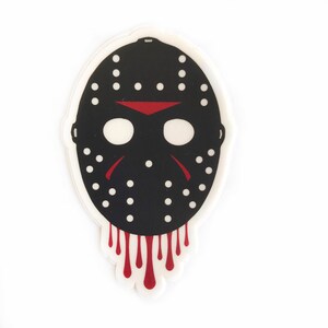 May include: A black and white hockey mask with red dripping blood. The mask has a white outline and a red triangle on the forehead.