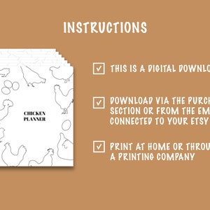 Puede incluir: Una descarga digital imprimible para un planificador de pollos. El planificador presenta una ilustraci&oacute;n en blanco y negro de pollos y huevos. El texto "CHICKEN PLANNER" est&aacute; en el centro de la p&aacute;gina. Las instrucciones para la descarga digital se enumeran en el lado derecho de la imagen.