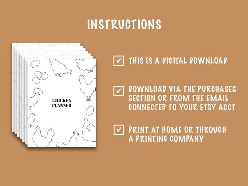 Puede incluir: Una descarga digital imprimible para un planificador de pollos. El planificador presenta una ilustraci&oacute;n en blanco y negro de pollos y huevos. El texto "CHICKEN PLANNER" est&aacute; en el centro de la p&aacute;gina. Las instrucciones para la descarga digital se enumeran en el lado derecho de la imagen.