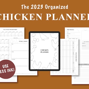 Puede incluir: Un planificador digital imprimible para due&ntilde;os de pollos. El planificador incluye secciones para registros de recolecci&oacute;n de huevos, tareas semanales, perfiles de aves y registros de salud. La portada presenta una ilustraci&oacute;n en blanco y negro de pollos y huevos.