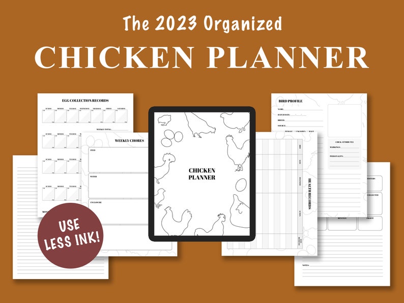 Puede incluir: Un planificador digital imprimible para due&ntilde;os de pollos. El planificador incluye secciones para registros de recolecci&oacute;n de huevos, tareas semanales, perfiles de aves y registros de salud. La portada presenta una ilustraci&oacute;n en blanco y negro de pollos y huevos.