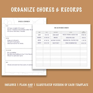 Puede incluir: Una lista de verificaci&oacute;n imprimible para organizar las tareas diarias y los registros de salud de las gallinas. La lista de verificaci&oacute;n incluye secciones para alimentaci&oacute;n, agua, recinto y registros de salud. La secci&oacute;n de registros de salud incluye columnas para el nombre de la gallina, la fecha y las notas de salud.
