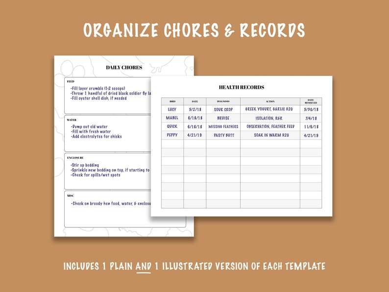 Puede incluir: Una lista de verificaci&oacute;n imprimible para organizar las tareas diarias y los registros de salud de las gallinas. La lista de verificaci&oacute;n incluye secciones para alimentaci&oacute;n, agua, recinto y registros de salud. La secci&oacute;n de registros de salud incluye columnas para el nombre de la gallina, la fecha y las notas de salud.