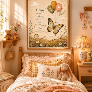 May include: A rectangular wall art print featuring a butterfly holding four balloons with the text Grow wild, stay kind, and flutterby often. The illustration includes a meadow with wildflowers, soft clouds, and a warm, muted colour palette.