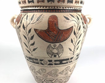 Unique Ancient Greek amphora vase. Traditional sacrifice vase. Artistic ceramic pottery. Minoan Ancient pottery. Vase reproduction.