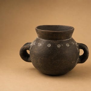 Op de afbeelding: Een donkerbruine, ronde keramische pot met twee handvatten. De pot heeft een brede opening en is versierd met kleine witte cirkels aan de bovenkant. De pot is waarschijnlijk handgemaakt en heeft een rustieke uitstraling.