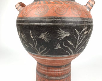 Unique Ancient Greek amphora vase. Traditional sacrifice vase. Artistic ceramic pottery. Minoan Ancient pottery. Vase reproduction
