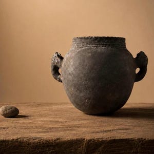 May include: A dark grey, round ceramic vessel with a wide body, a narrow neck, and two side handles. The surface of the pot has a textured, matte finish with visible horizontal ridges around the rim. A small, smooth, grey stone sits nearby.