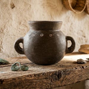 Può includere: Un vaso rotondo in ceramica marrone scuro con due manici e disegni a spirale bianchi. Il vaso è appoggiato su una superficie di legno stagionato con altri manufatti antichi, tra cui pezzi di metallo e utensili in pietra. Lo sfondo presenta un muro rustico e cesti appesi.